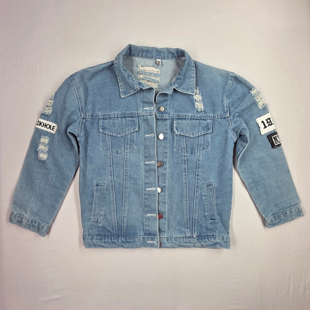 Aieryiyi Distressed Graphic Denim Jacket Light Wash Patchwork Streetwear Blue